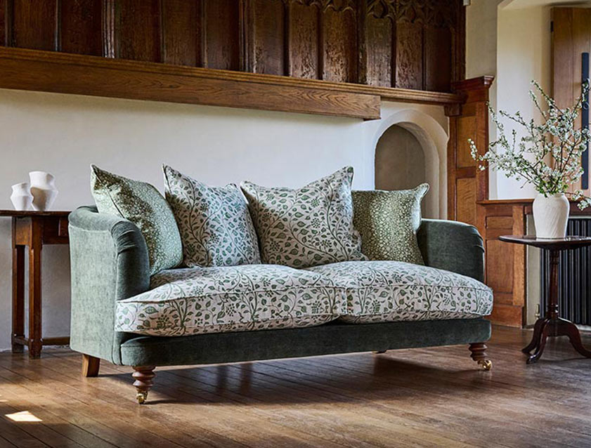Helmsley 3 seater sofa in Mohair Fir and Spill Resistant RHS Trailing Vine Olive and Small Trailing Ivy Olive
